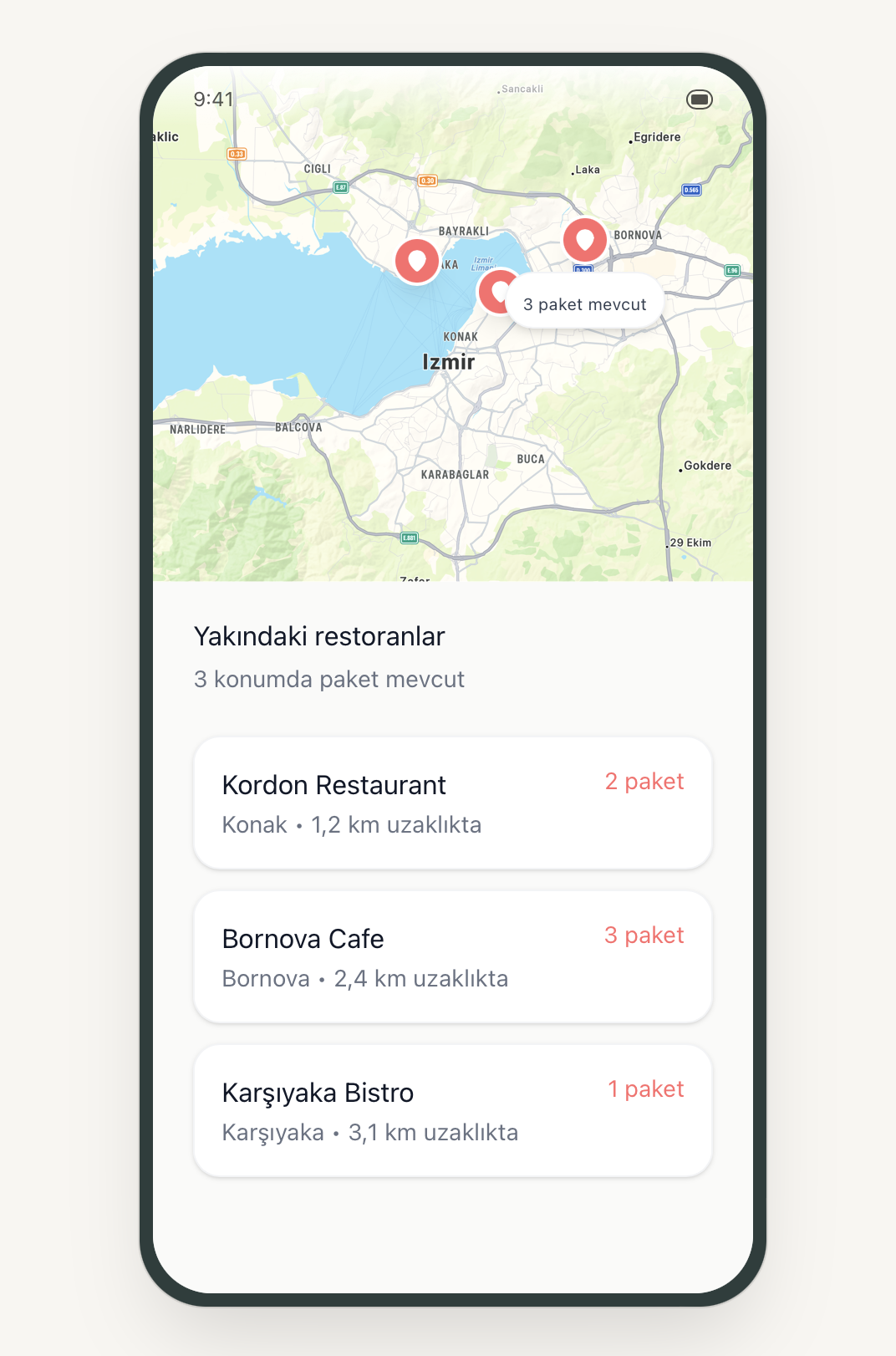 TazePaket app showing nearby restaurants with available packages in İzmir